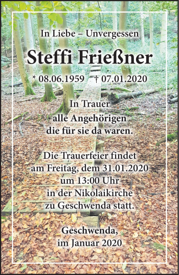 Traueranzeige von Steffi Frießner von Südthüringer Presse