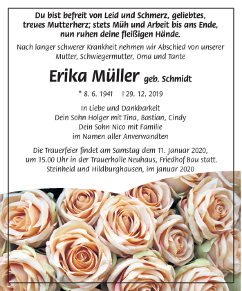 Traueranzeige von Erika Müller von Südthüringer Presse