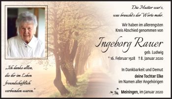Traueranzeige von Ingeborg Rauer von Südthüringer Presse