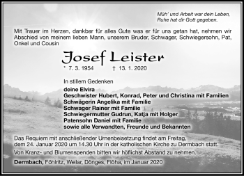Traueranzeige von Josef Leister von Südthüringer Presse