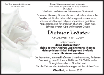Traueranzeige von Dietmar Tröster von Südthüringer Presse