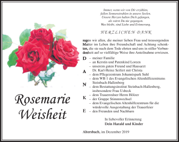 Traueranzeige von Rosemarie Weisheit von Südthüringer Presse