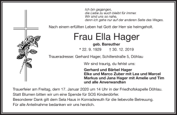 Traueranzeige von Ella Hager von Frankenpost