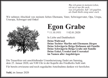 Traueranzeige von Egon Grabe von Südthüringer Presse