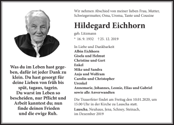 Traueranzeige von Hildegard Eichhorn von Südthüringer Presse