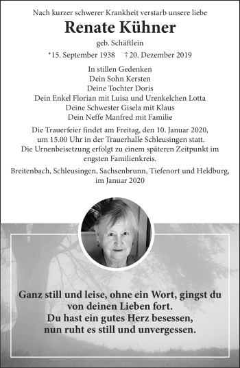Traueranzeige von Renate Kühner von Südthüringer Presse