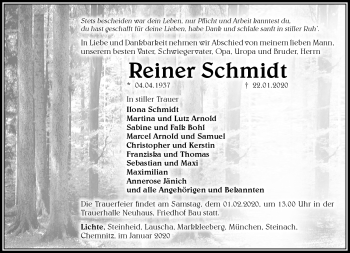 Traueranzeige von Reiner Schmidt von Südthüringer Presse