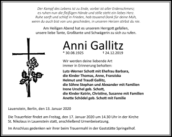 Traueranzeige von Anni Gallitz von Neue Presse Coburg