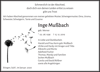 Traueranzeige von Inge Mußbach von Südthüringer Presse