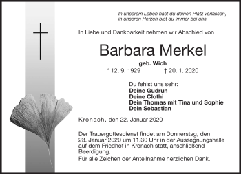 Traueranzeige von Barbara Merkel von Neue Presse Coburg