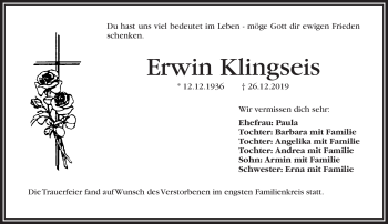 Traueranzeige von Erwin Klingseis von Frankenpost