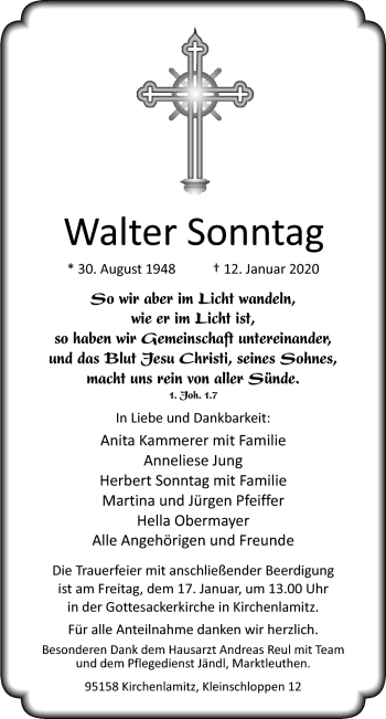 Traueranzeige von Walter Sonntag von Frankenpost