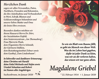 Traueranzeige von Magdalene Griebel von Südthüringer Presse