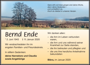 Traueranzeige von Bernd Ende von Südthüringer Presse