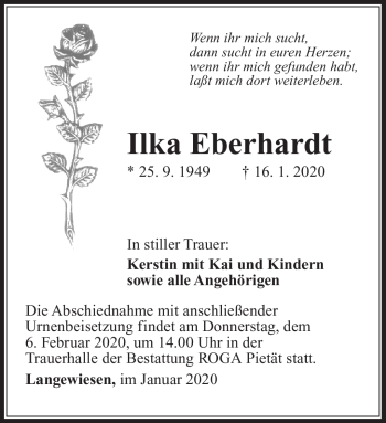 Traueranzeige von Ilka Eberhardt von Südthüringer Presse