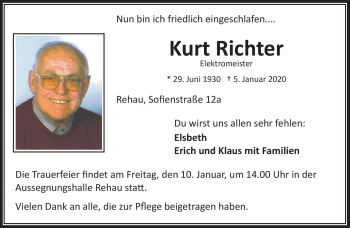 Traueranzeige von Kurt Richter von Frankenpost