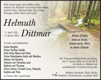 Traueranzeige von Helmuth Dittmar von Südthüringer Presse