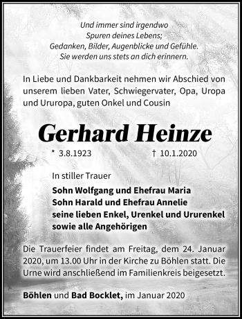 Traueranzeige von Gerhard Heinze von Südthüringer Presse