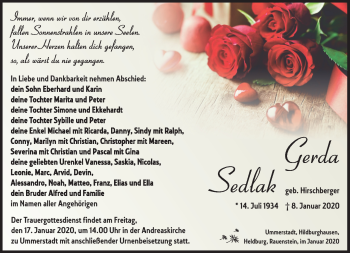 Traueranzeige von Gerda Sedlak von Südthüringer Presse