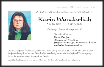 Traueranzeige von Karin Wunderlich von Frankenpost