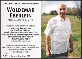 Traueranzeige von Woldemar Eberlein von Südthüringer Presse