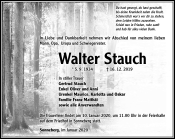 Traueranzeige von Walter Stauch von Südthüringer Presse