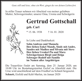 Traueranzeige von Gertrud Gottschall von Südthüringer Presse