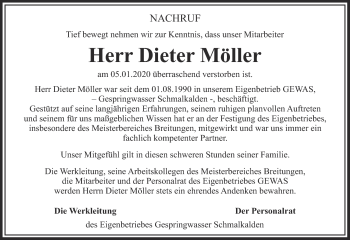 Traueranzeige von Dieter Möller von Südthüringer Presse