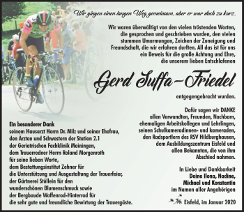 Traueranzeige von Gerd Suffa-Friedel von Südthüringer Presse