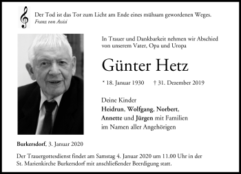 Traueranzeige von Günter Hetz von Neue Presse Coburg