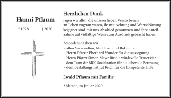 Traueranzeige von Hanni Pflaum von Neue Presse Coburg