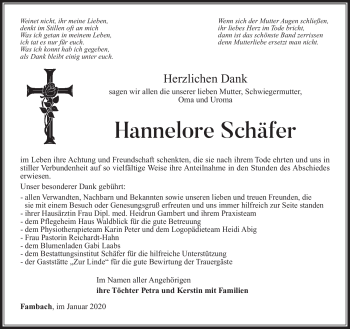 Traueranzeige von Hannelore Schäfer von Südthüringer Presse