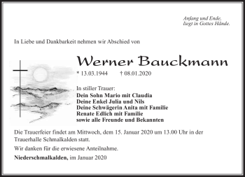 Traueranzeige von Werner Bauckmann von Südthüringer Presse