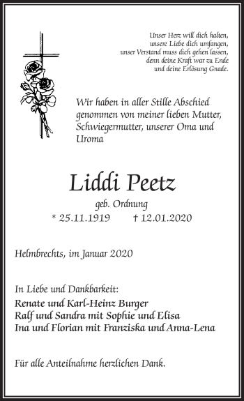 Traueranzeige von Liddi Peetz von Frankenpost
