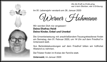 Traueranzeige von Werner Hohmann von Südthüringer Presse
