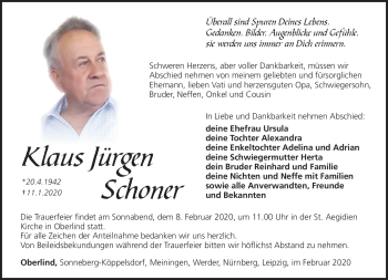 Traueranzeige von Klaus Jürgen Schoner von Südthüringer Presse