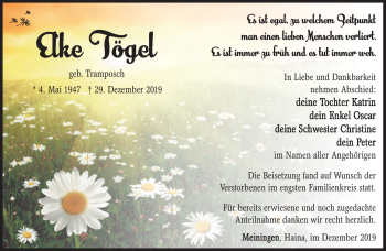 Traueranzeige von Elke Tögel von Südthüringer Presse