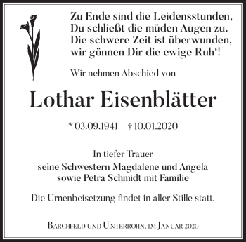 Traueranzeige von Lothar Eisenblätter von Südthüringer Presse