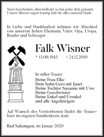 Traueranzeige von Falk Wisner von Südthüringer Presse