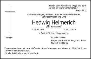Traueranzeige von Hedwig Helmerich von Neue Presse Coburg