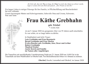Traueranzeige von Käthe Grebhahn von Südthüringer Presse