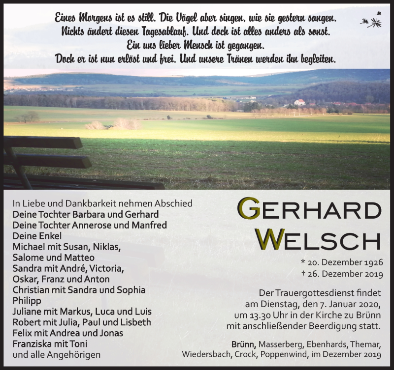  Traueranzeige für Gerhard Welsch vom 04.01.2020 aus Südthüringer Presse