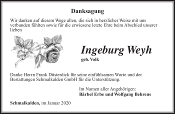 Traueranzeige von Ingeburg Weyh von Südthüringer Presse