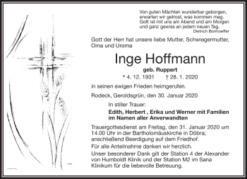 Traueranzeige von Inge Hoffmann von Frankenpost
