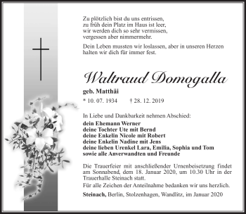 Traueranzeige von Waltraud Domogalla von Südthüringer Presse