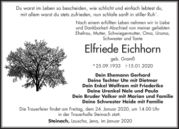 Traueranzeige von Elfriede Eichhorn von Südthüringer Presse