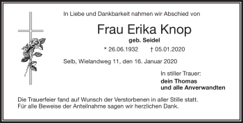 Traueranzeige von Erika Knop von Frankenpost