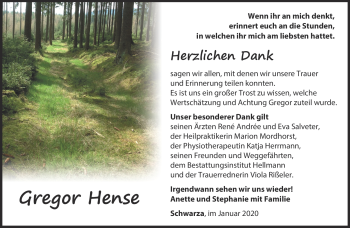 Traueranzeige von Gregor Hense von Südthüringer Presse