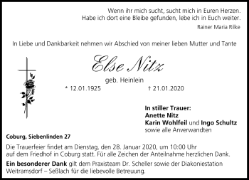 Traueranzeige von Else Nitz von Neue Presse Coburg
