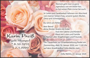Traueranzeige von Karin Preiß von Südthüringer Presse